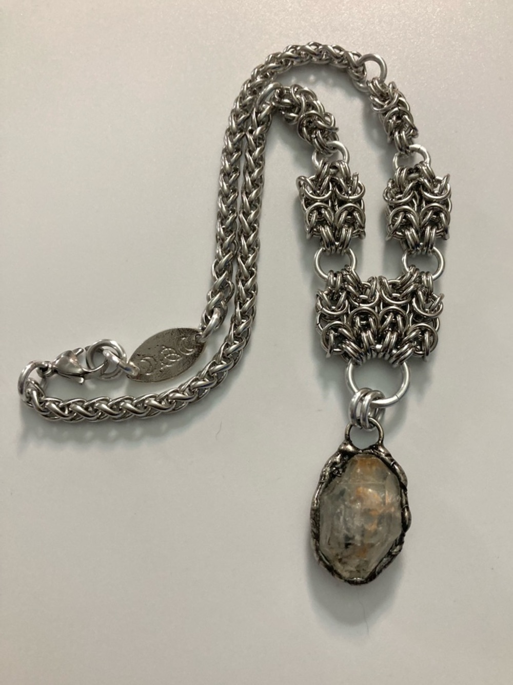 Raw Smoky herkimer diamond crystal on handmade maille stainless steel chain - Picture 10 of 14